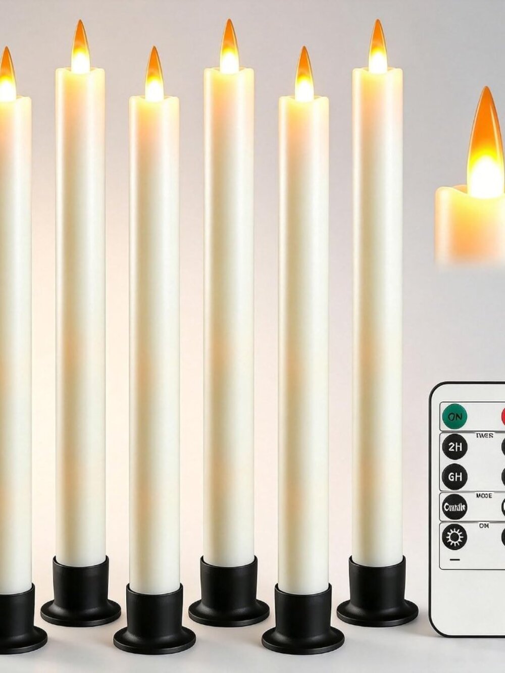 6 Flameless Window Candles with Remote Controller & Timer, LED Cone Stick Candle